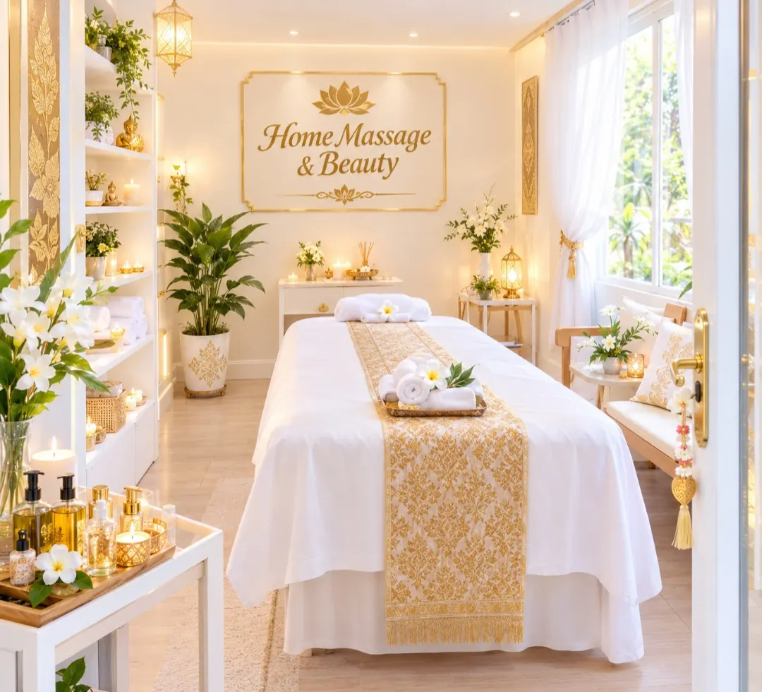 The treatment room: a massage table with a gold Thai runner, fresh towels and candles